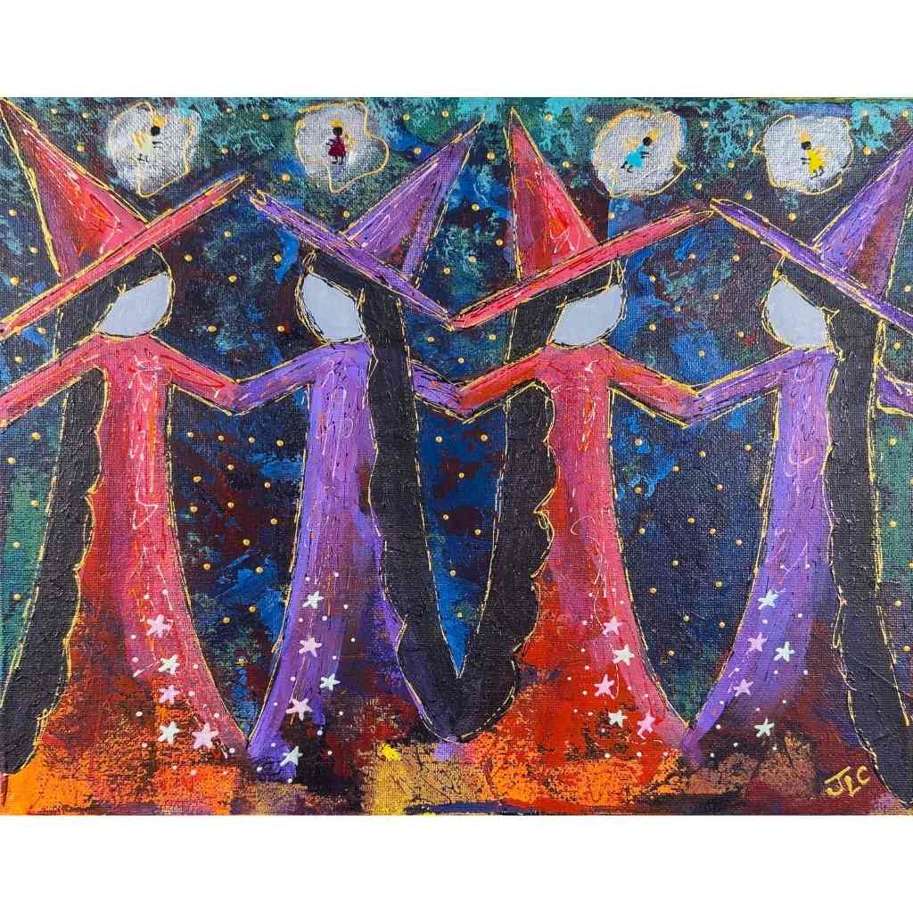 Witches in star-sparkled robes dance in ceremonial circles while fairies hover above, celebrating magical communion through vibrant acrylic techniques.