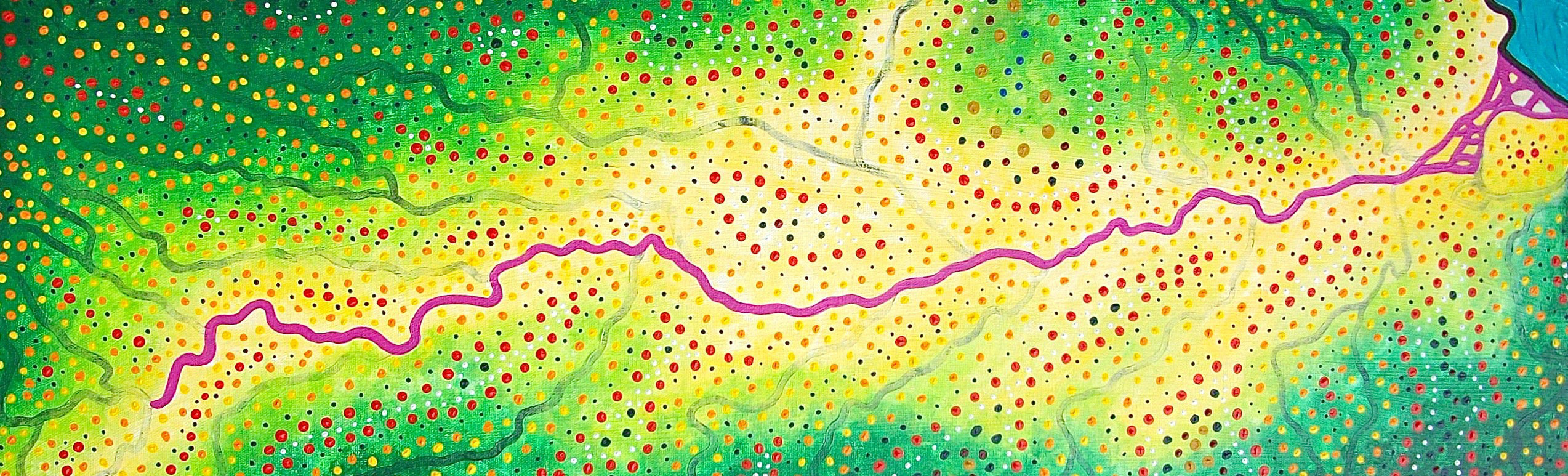Amazon River painting depicting colorful topography through vibrant acrylic techniques. This flowing river art shows Earth's largest waterway as a sacred path across the landscape, with textured dots creating visual rhythm and spiritual resonance. Original artwork from the Rivers series exploring waterways as pathways to self-discovery.