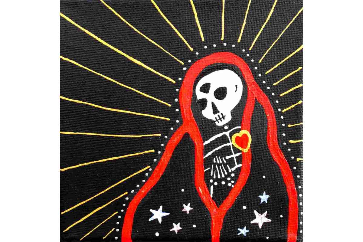 This small painting features a white skeleton figure with a red heart on its chest, draped in a red cloak against a black background