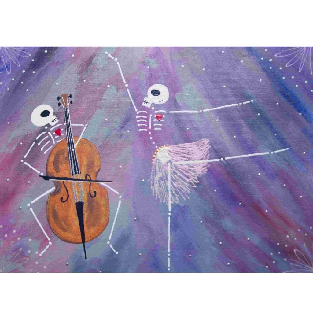 This painting depicts two skeletons, one playing a cello and the other dancing in a tutu, against a swirling backdrop of purple, blue, and white.