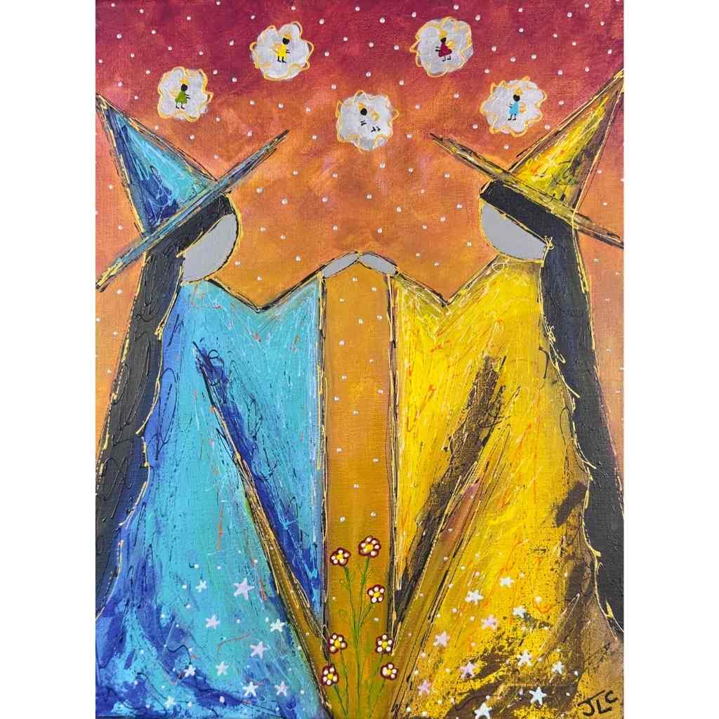 Two figures in pointed hats and flowing robes, one blue and one yellow, hold hands over a small bouquet of flowers in this whimsical painting.